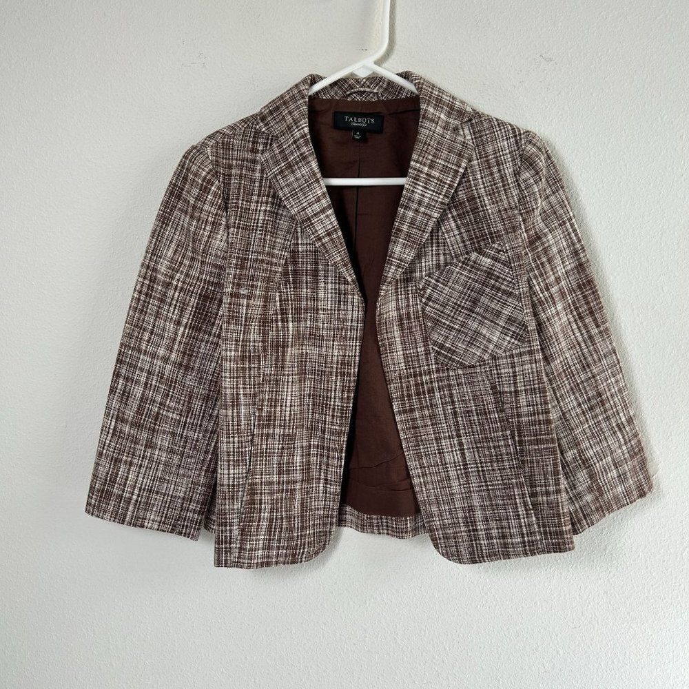Talbots Blazer‎ Size 4 Brown Plaid Linen Blend Lined Jacket Career Work Pockets